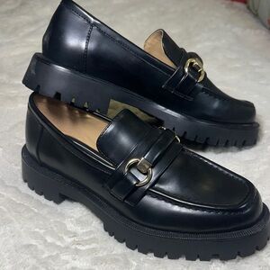 Zara Black Leather lug sole slip on Loafers with Gold Buckle 
sz 39